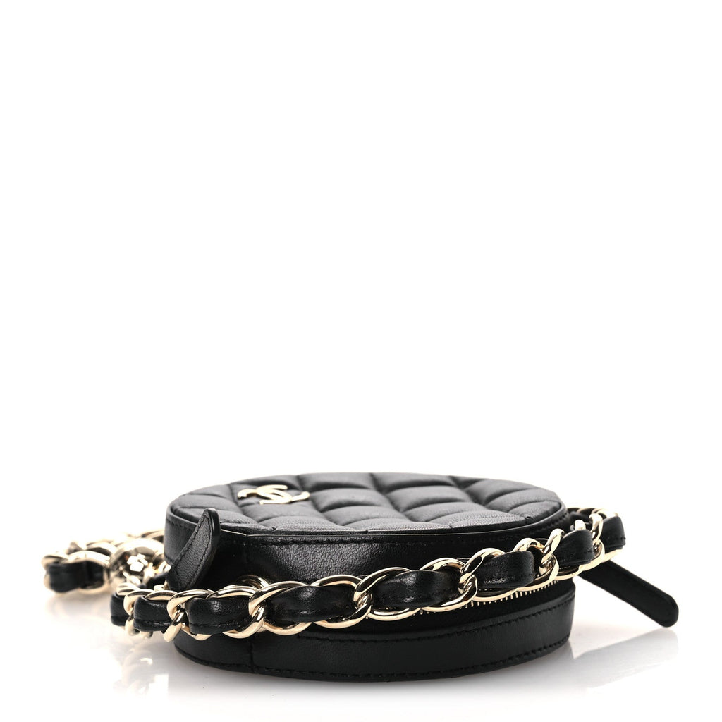 Chanel Lambskin Quilted Chain Round Mini Clutch Black