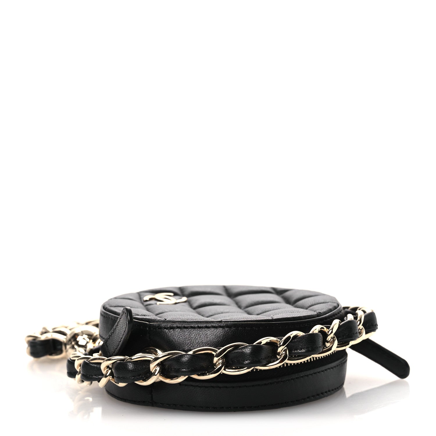 Chanel Lambskin Quilted Chain Round Mini Clutch Black