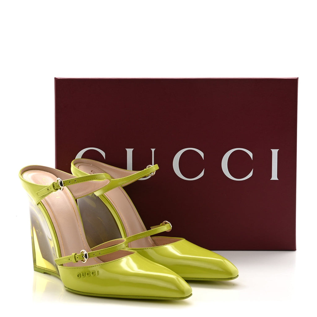Gucci Regent Calfskin Lucite Wedge 110 Mules 38 Firefly