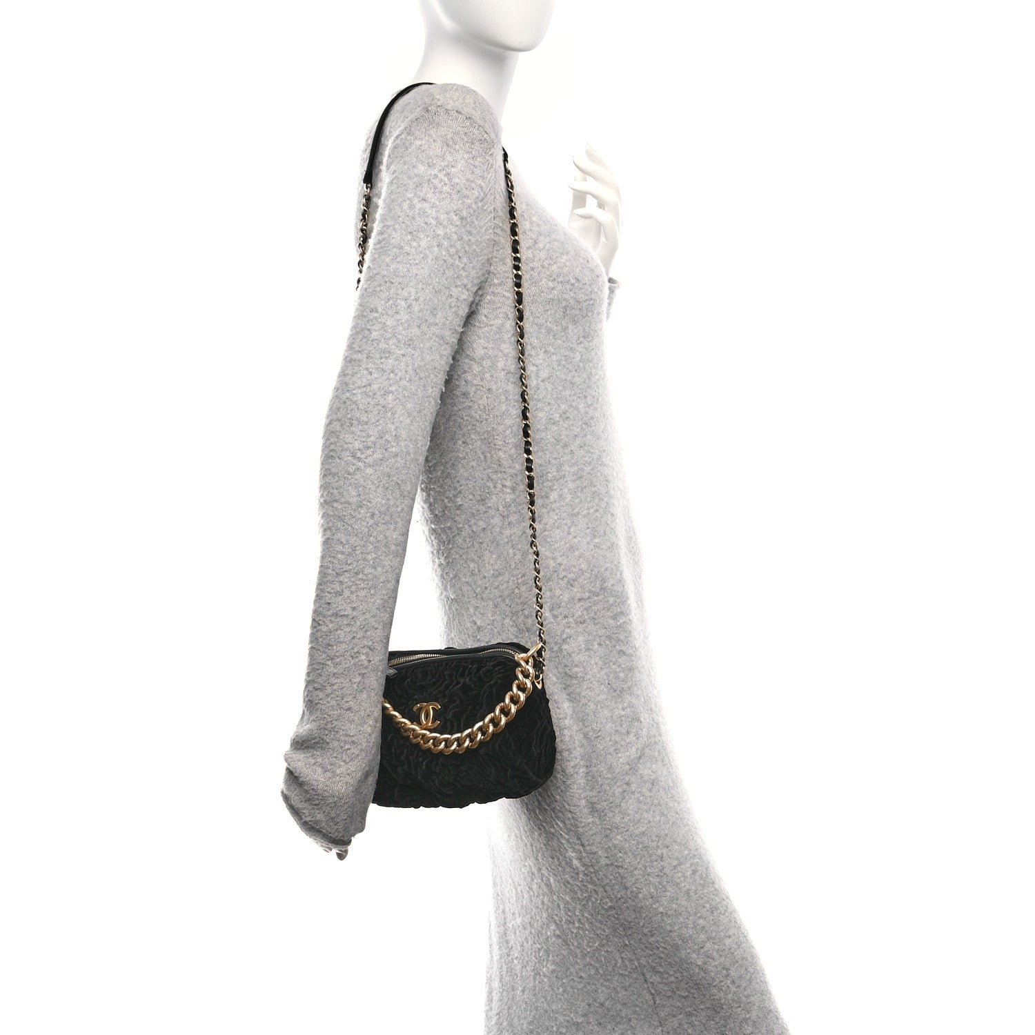 Chanel Velvet Camellia Embossed Barrel Clutch With Chain  Black