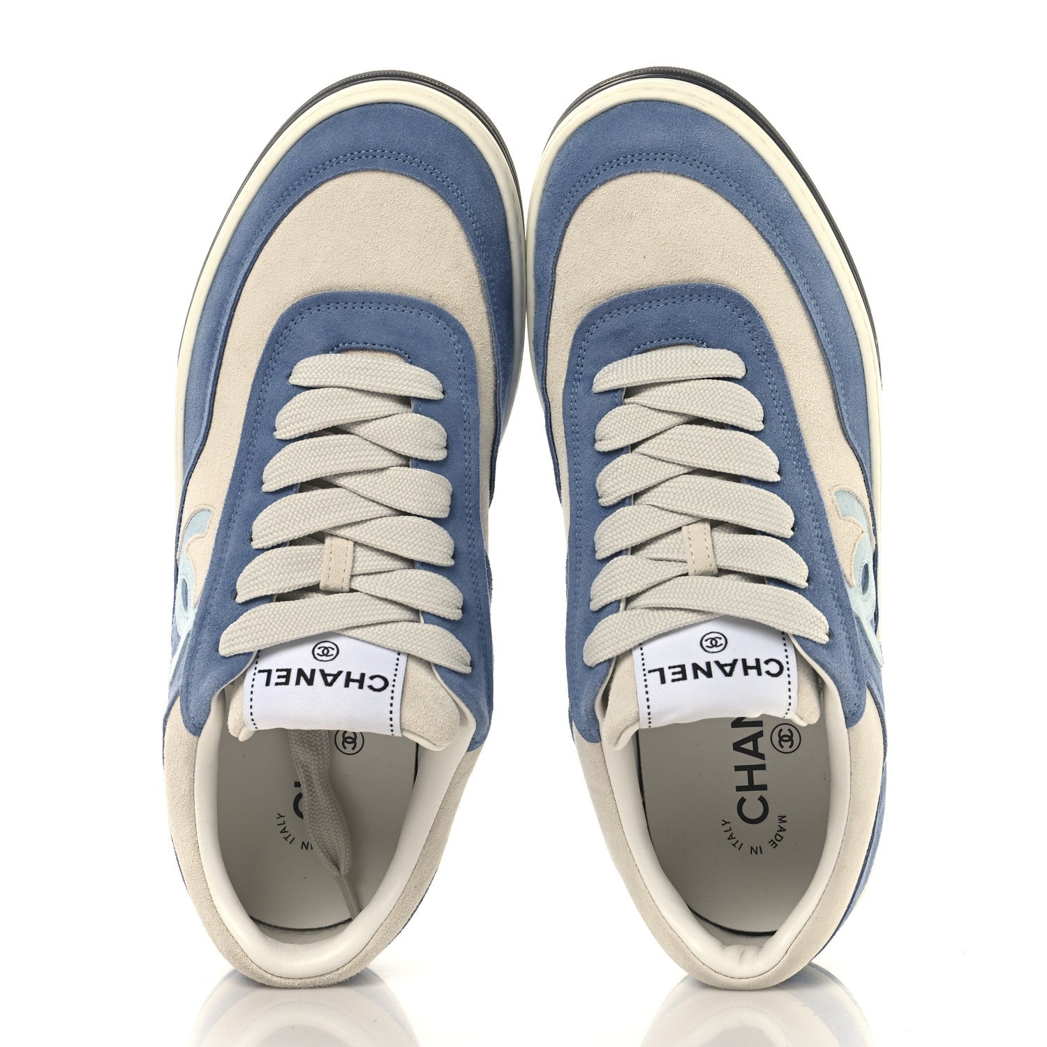 Chanel Suede Kidskin Womens CC Sneakers 39 White Blue