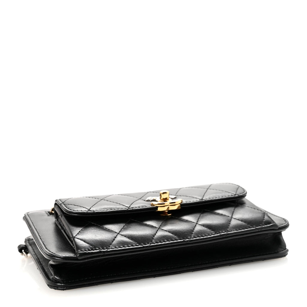 Chanel Lambskin Quilted Front Pocket Clutch With Chain Black