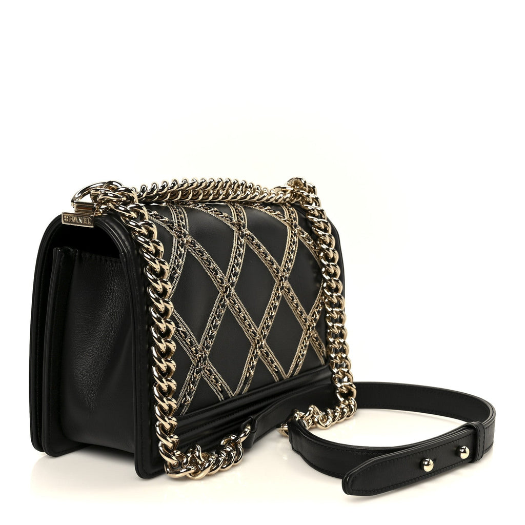 Chanel Calfskin Quilted Medium Chain Detail Boy Flap Black