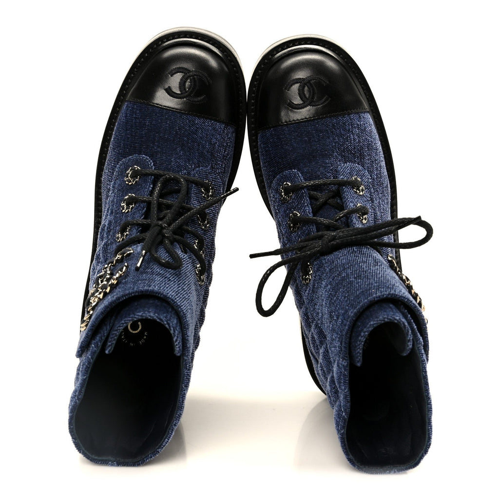Chanel Shiny Calfskin Velvet Quilted Lace Up Combat Boots 37 Blue
