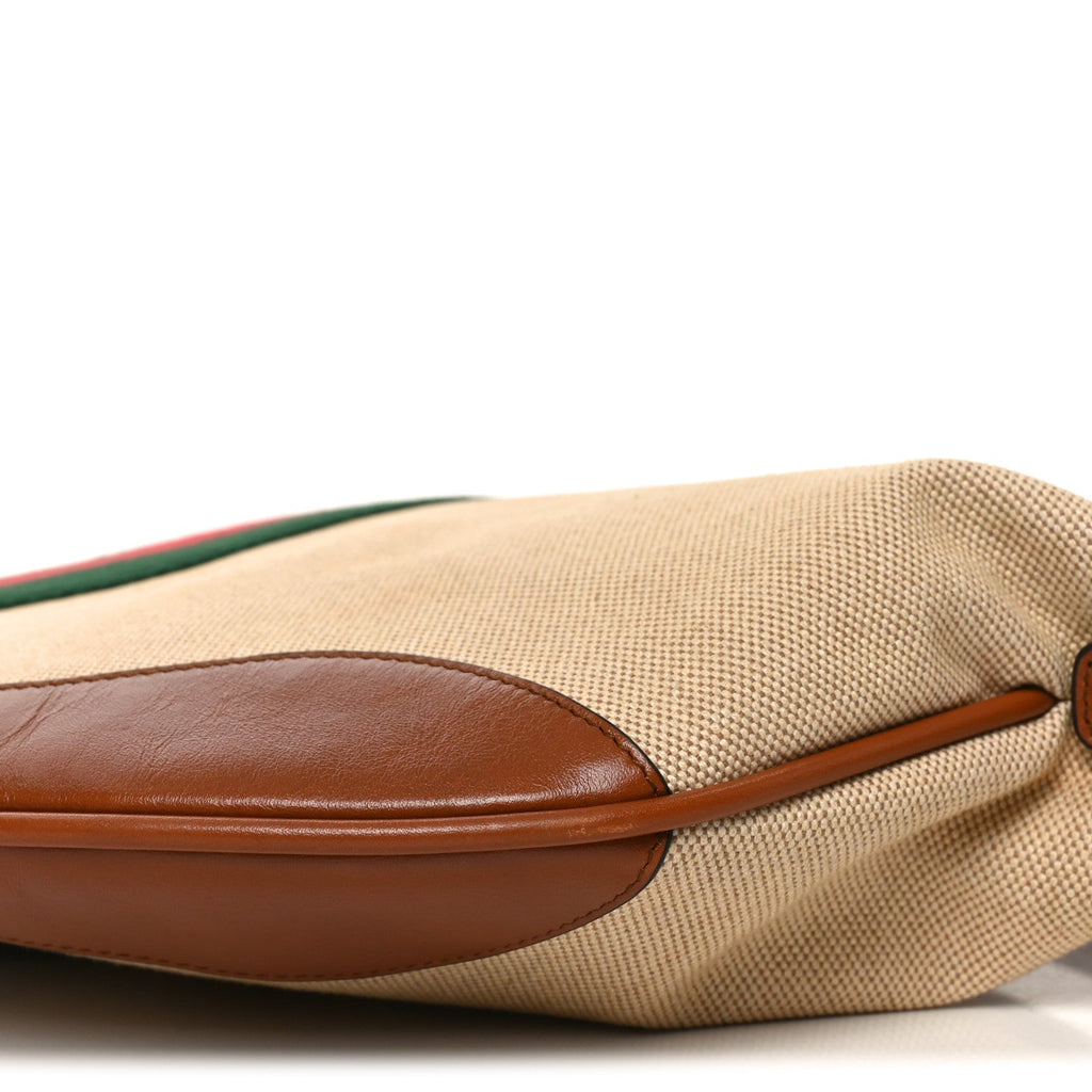 Gucci Vintage Canvas Calfskin Web Large Ophidia Half Moon Hobo Sand Light Cuir