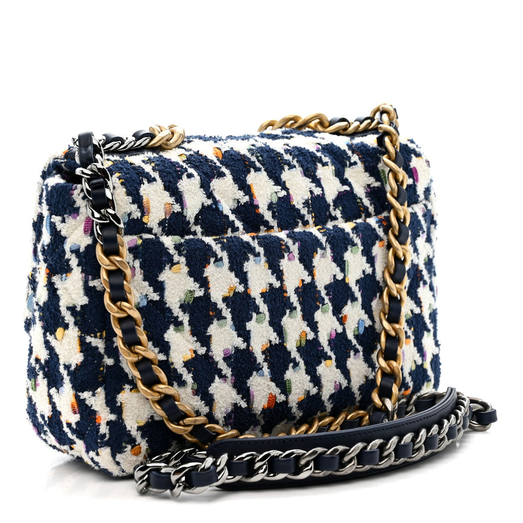 Chanel Tweed Quilted Medium Chanel 19 Flap Ecru Navy Blue Multicolor
