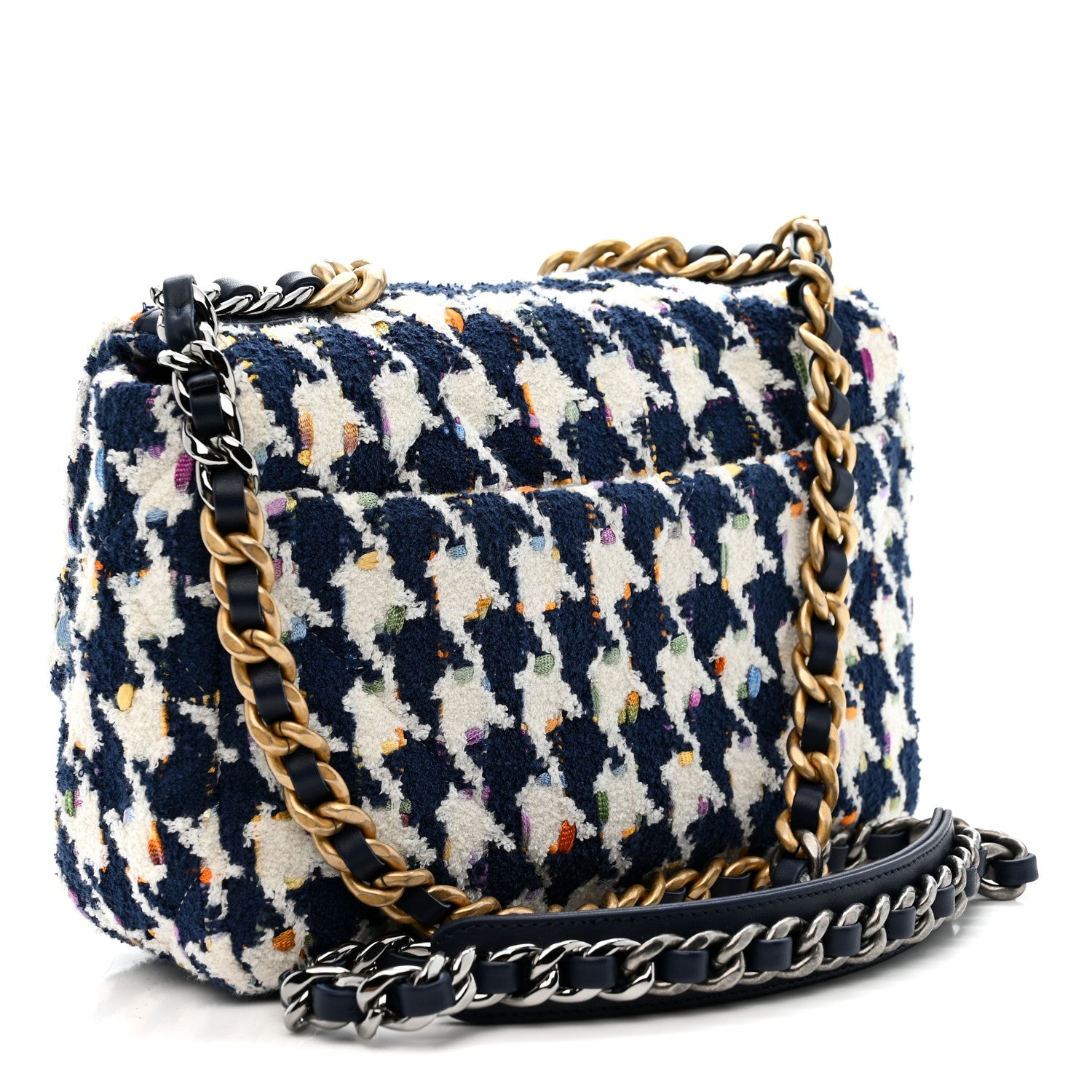 Chanel Tweed Quilted Medium Chanel 19 Flap Ecru Navy Blue Multicolor