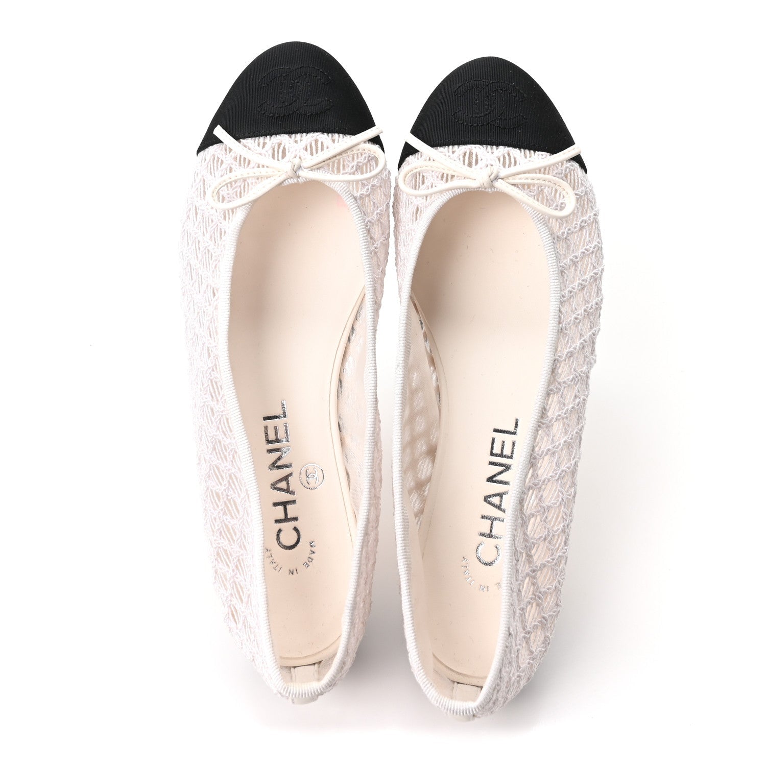 Mesh Crochet Grosgrain Cap Toe Ballerina Flats 36 White Black