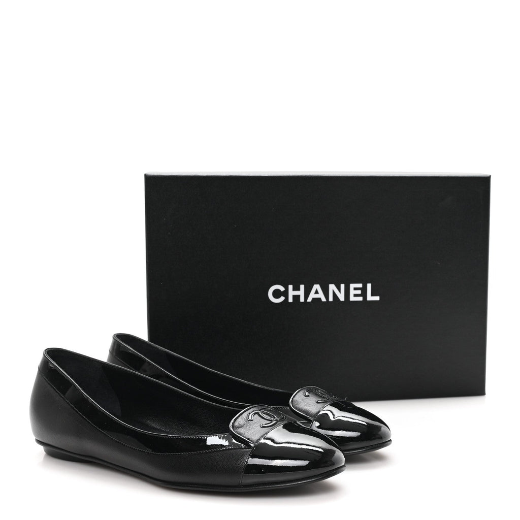 Calfskin Patent Cap Toe Ballerina Flats 38.5 Black
