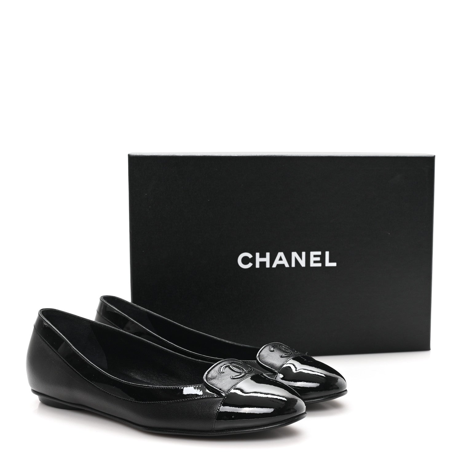 Calfskin Patent Cap Toe Ballerina Flats 38.5 Black