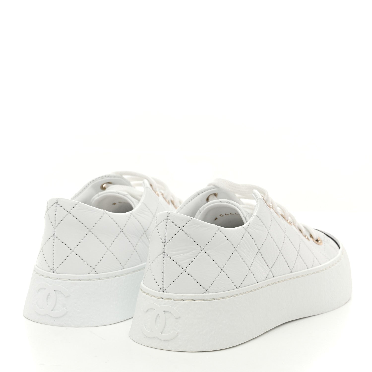 Crumpled Lambskin Patent Cap Toe CC Stitched Sneakers 35.5 White Black
