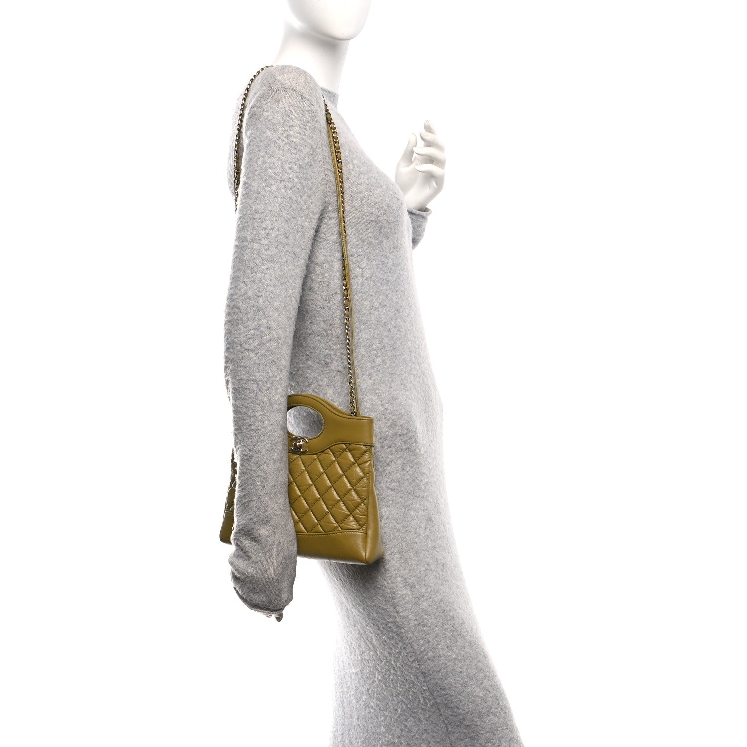 Chanel Shiny Crumpled Calfskin Quilted Mini 31 Shopping Bag Khaki
