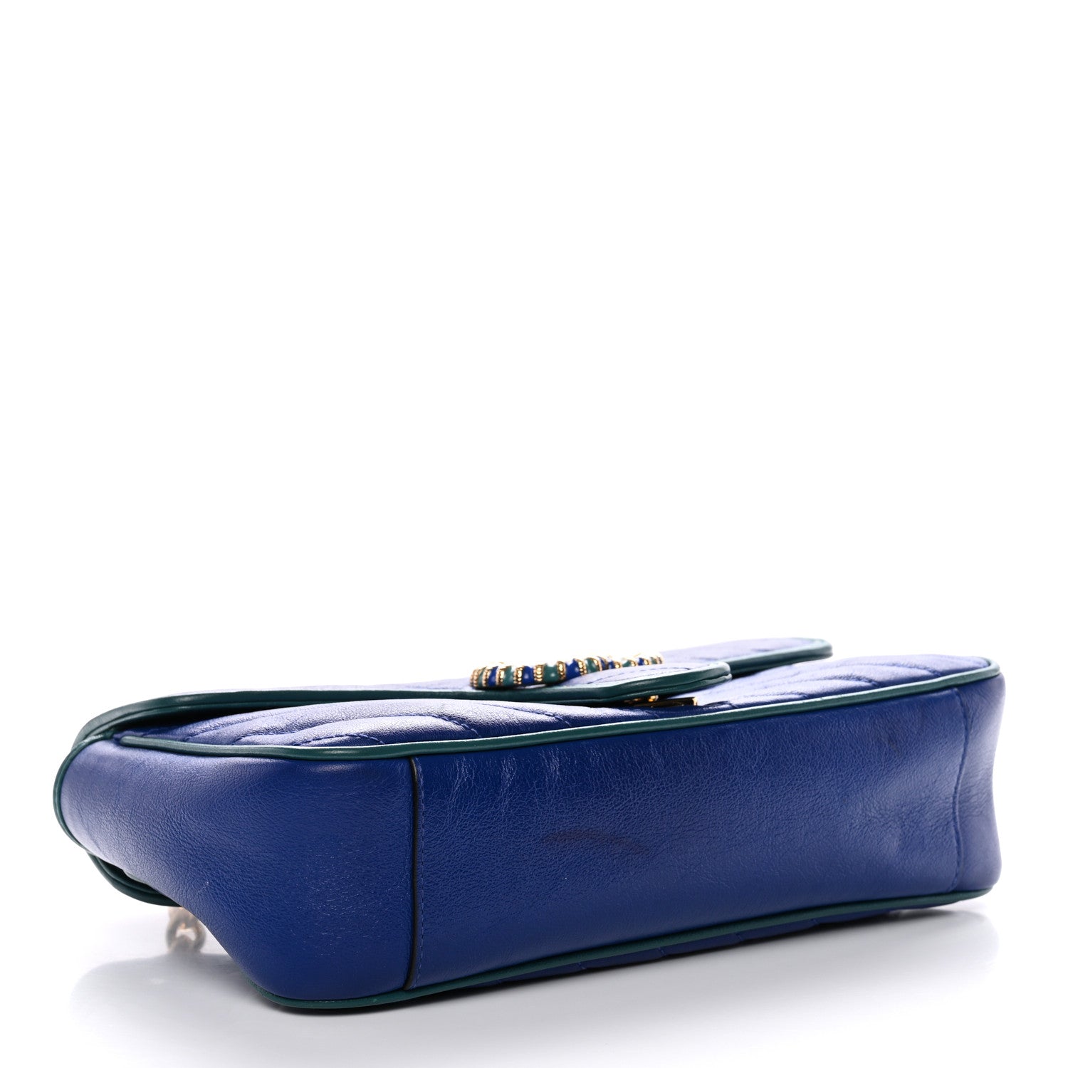 Gucci Azalea Calfskin Enamel Matelasse Diagonal Small Torchon GG Marmont Shoulder Bag Imperial Blue Pavone