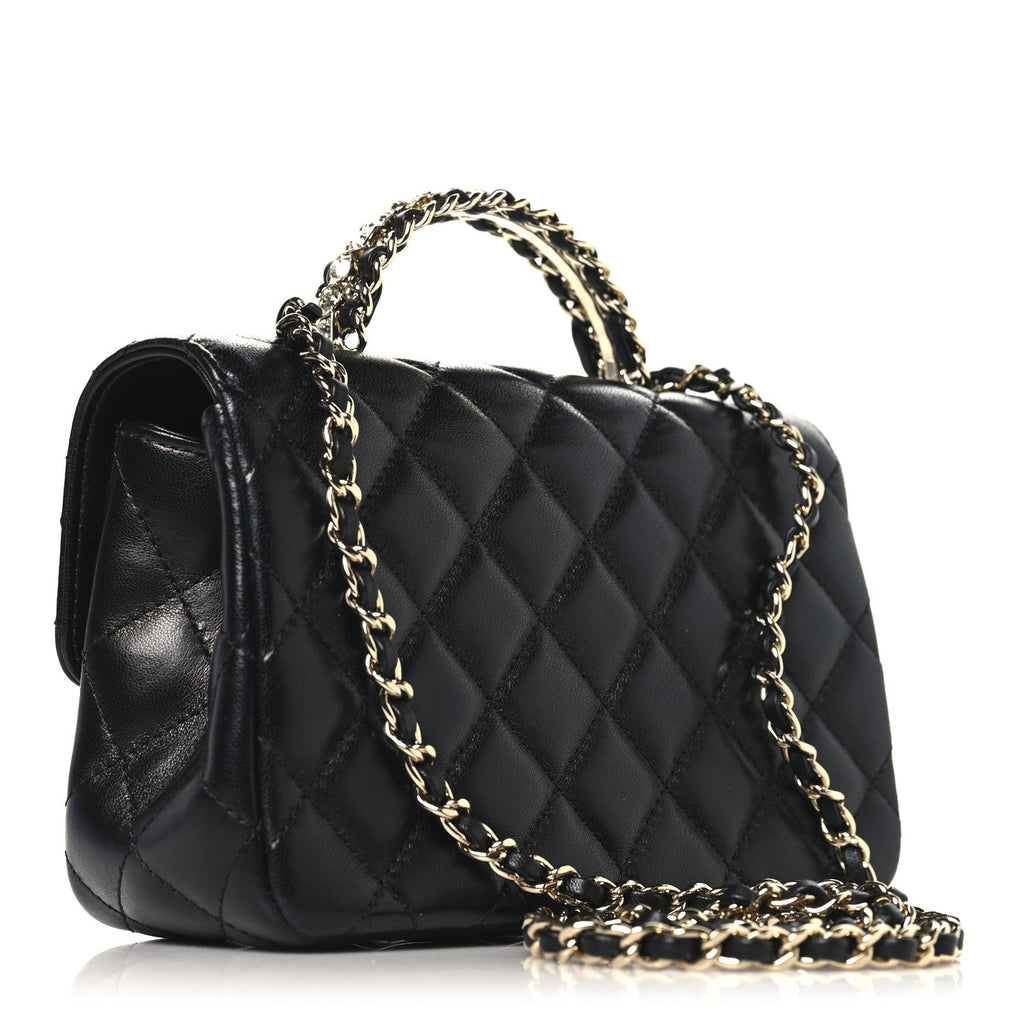 Chanel Lambskin Quilted Mini Crystal Top Handle Rectangular Flap Black