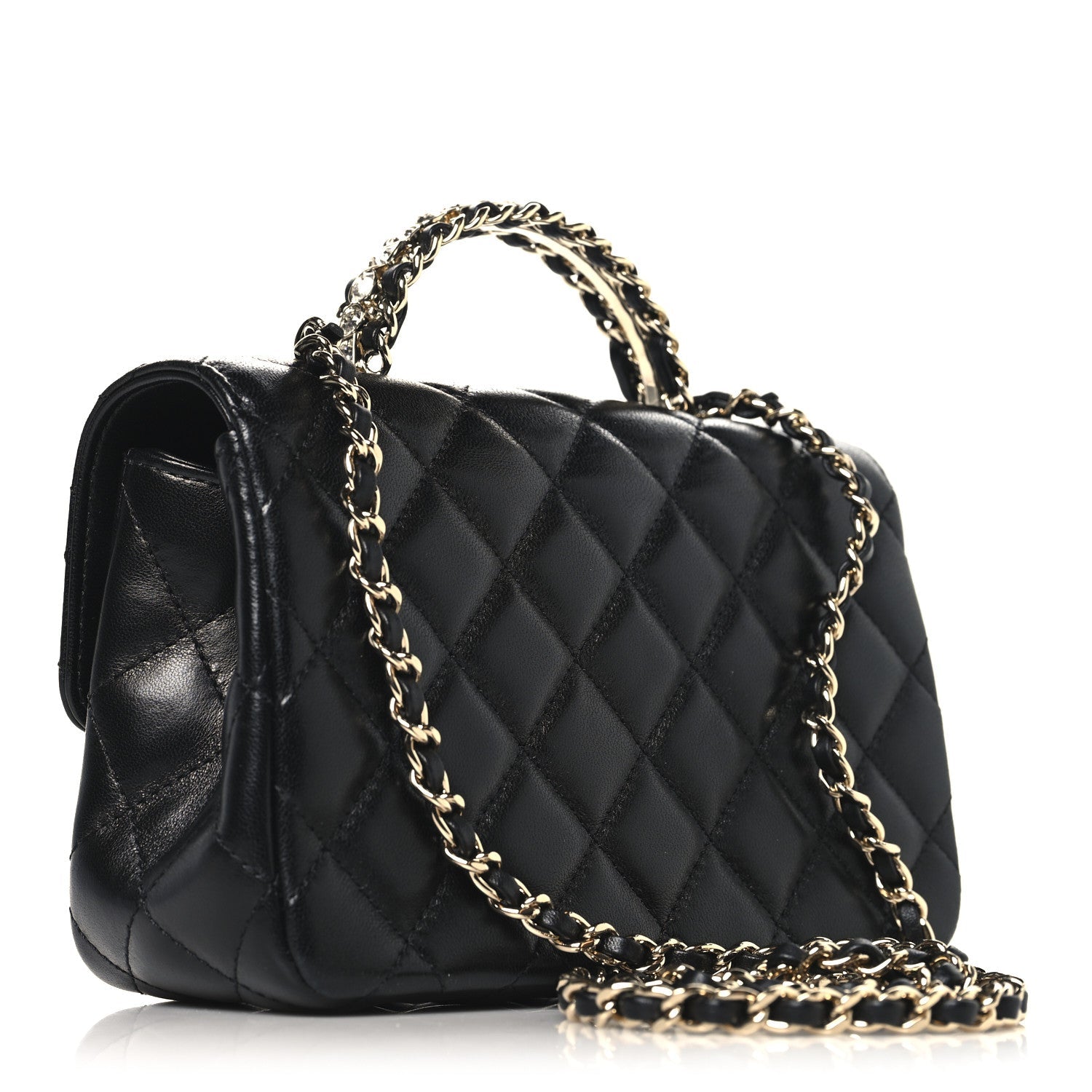 Chanel Lambskin Quilted Mini Crystal Top Handle Rectangular Flap Black