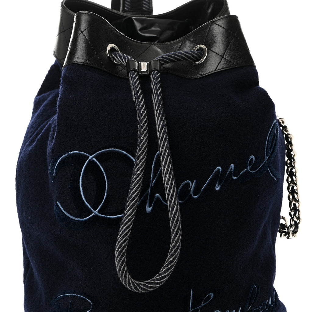 Chanel Wool Calfskin Embroidered Paris Hamburg Drawstring Backpack Navy Blue