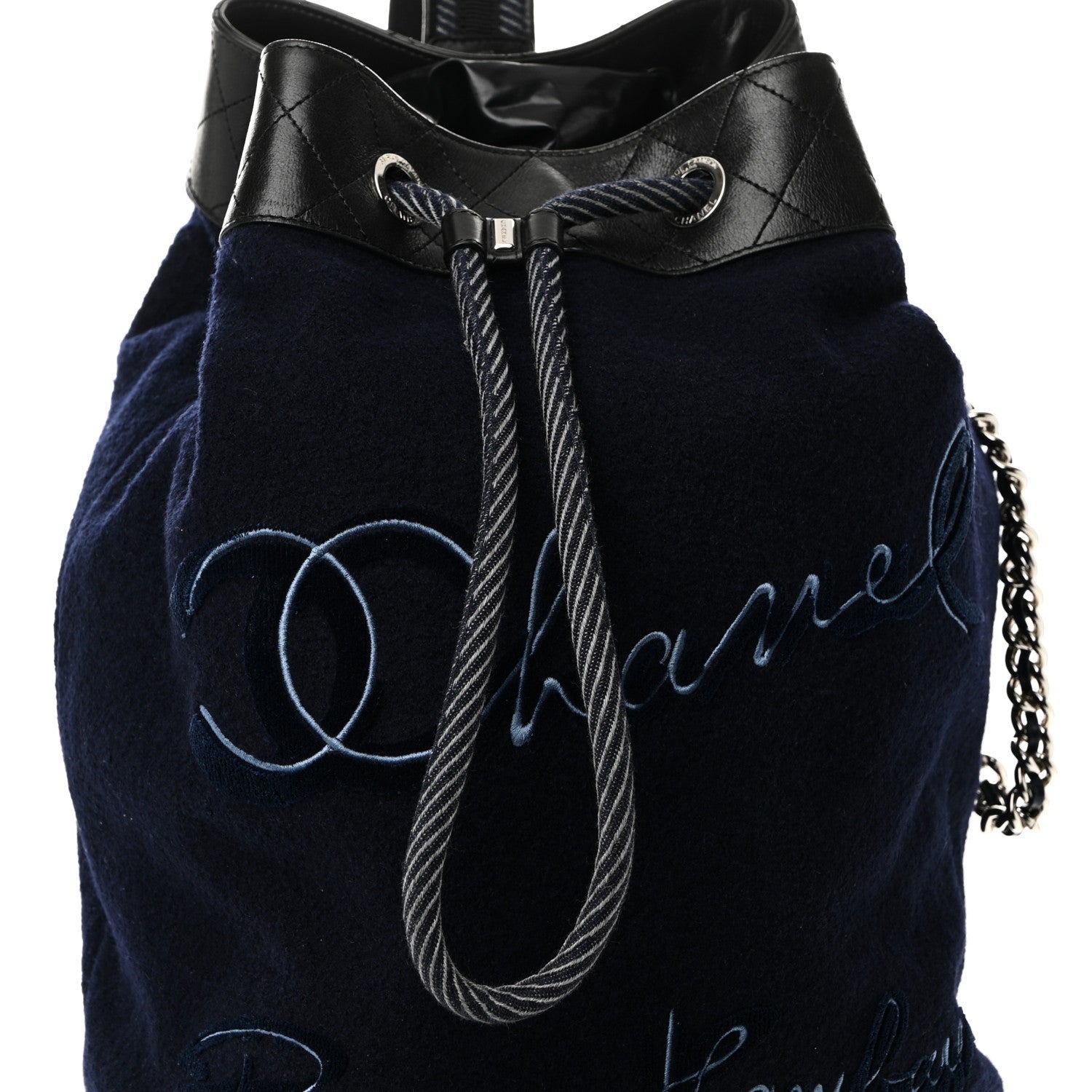 Chanel Wool Calfskin Embroidered Paris Hamburg Drawstring Backpack Navy Blue