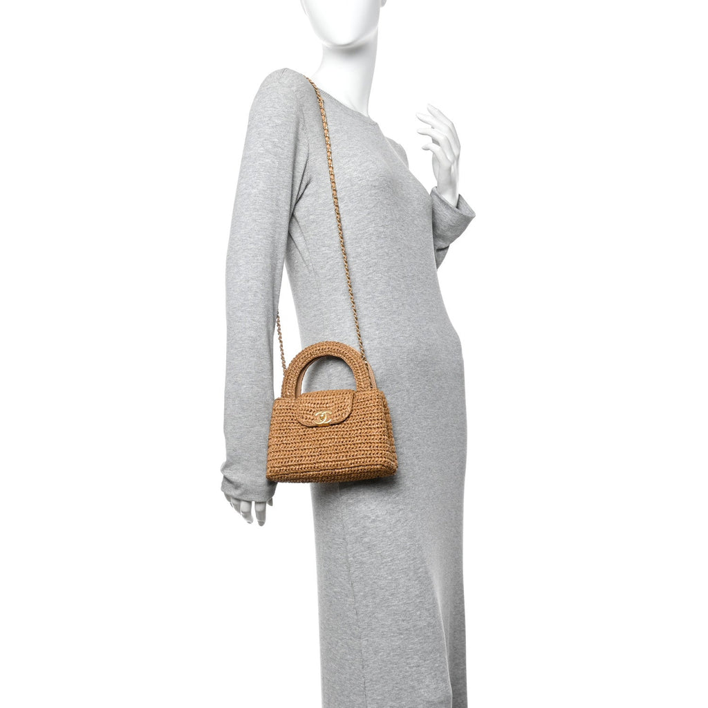 Chanel Braided Raffia Nano Kelly Flap Bag Dark Beige
