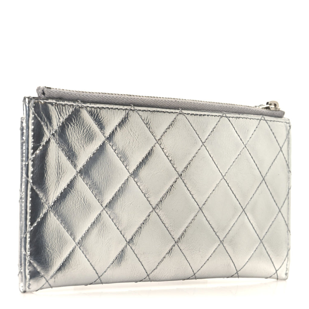 Metallic Calfskin Quilted Zip Pouch Silver