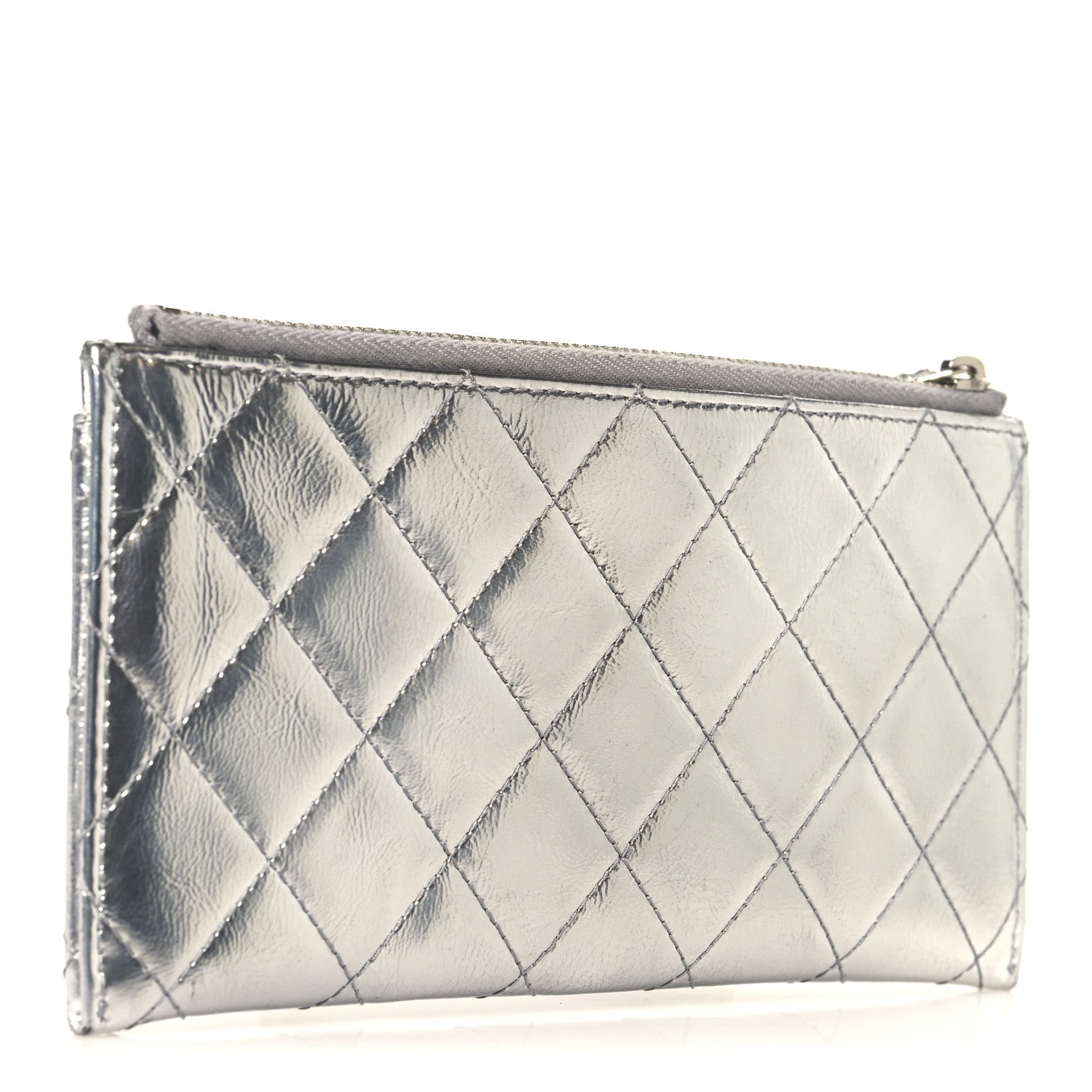 Metallic Calfskin Quilted Zip Pouch Silver
