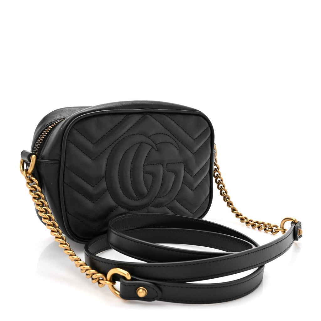 Gucci Calfskin Matelasse Mini GG Marmont Chain Shoulder Bag Black