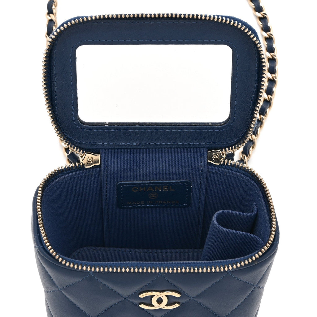 Chanel Lambskin Quilted Top Handle Mini Vanity Case With Chain Blue