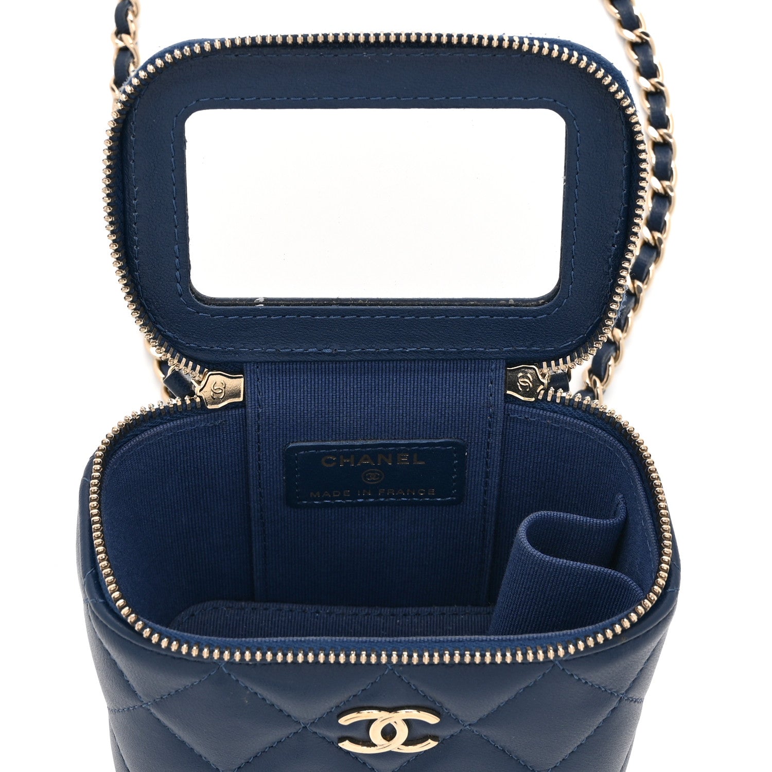 Chanel Lambskin Quilted Top Handle Mini Vanity Case With Chain Blue