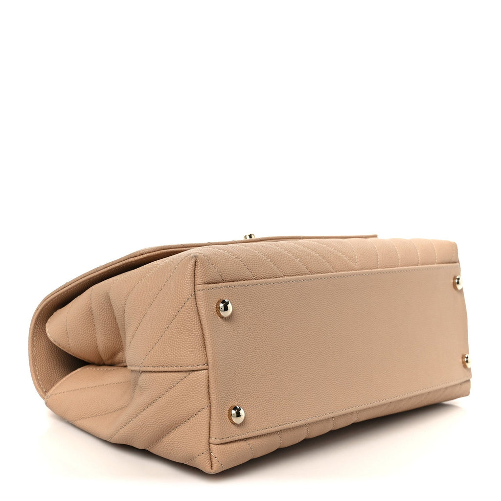 Chanel Caviar Chevron Quilted Small Coco Handle Flap Beige