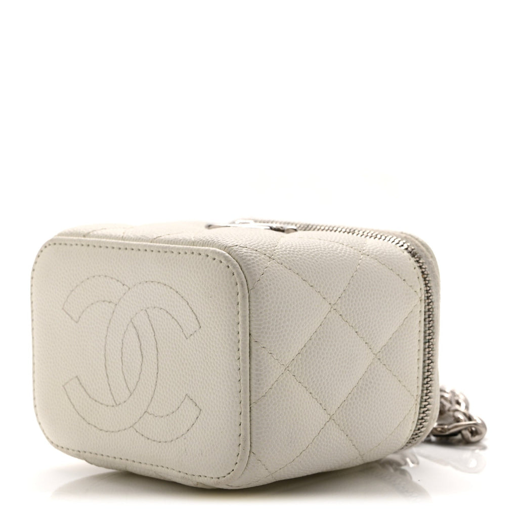 Chanel Caviar Quilted Enamel Coco Mini Vanity Case With Chain White