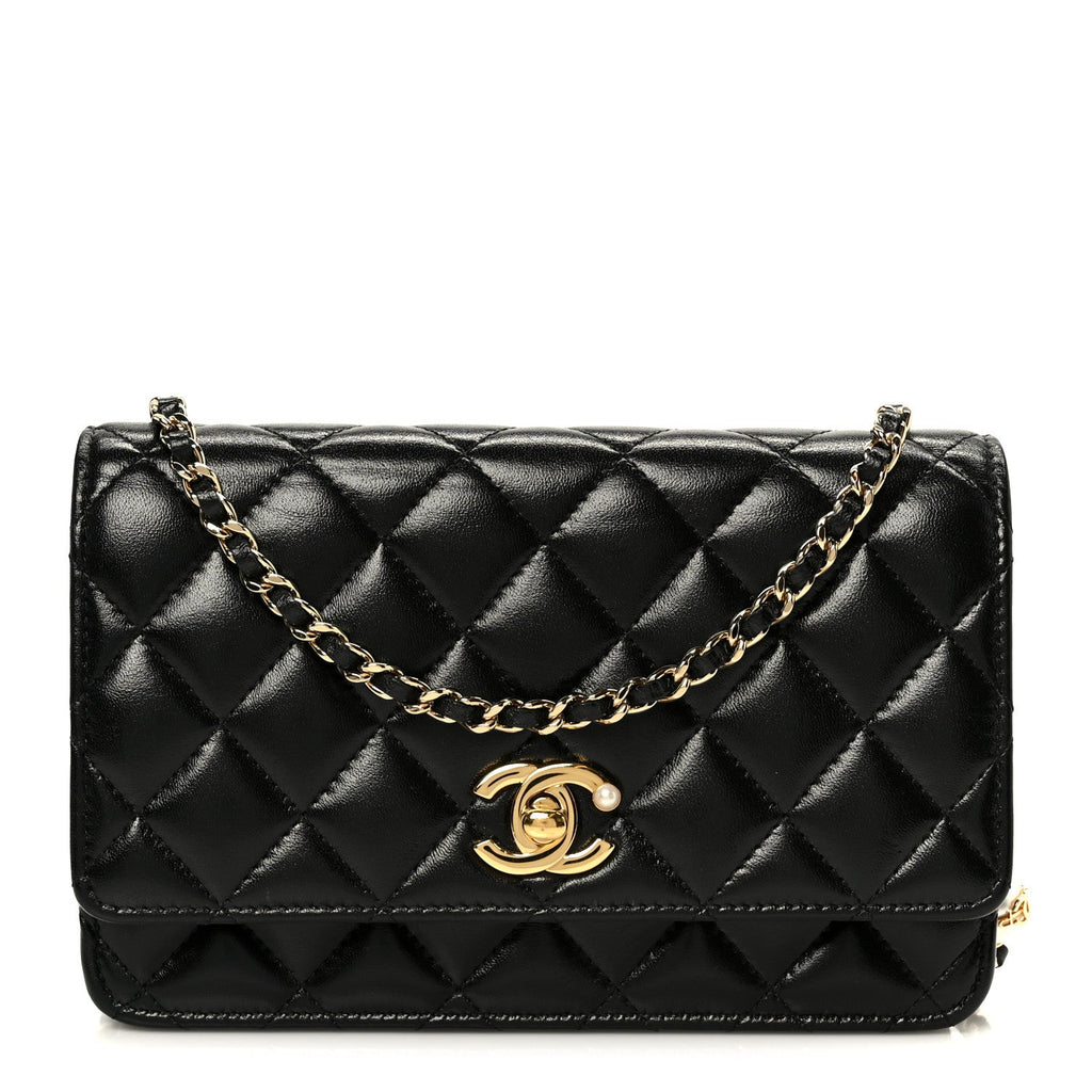 Chanel Shiny Lambskin Quilted CC Pearl Wallet on Chain WOC Black