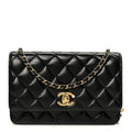 Chanel Shiny Lambskin Quilted CC Pearl Wallet on Chain WOC Black