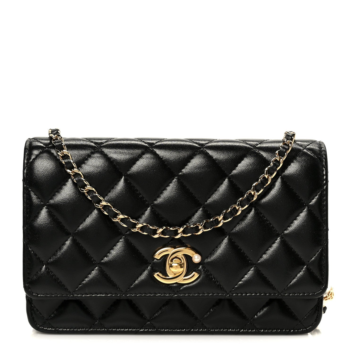 Chanel Shiny Lambskin Quilted CC Pearl Wallet on Chain WOC Black