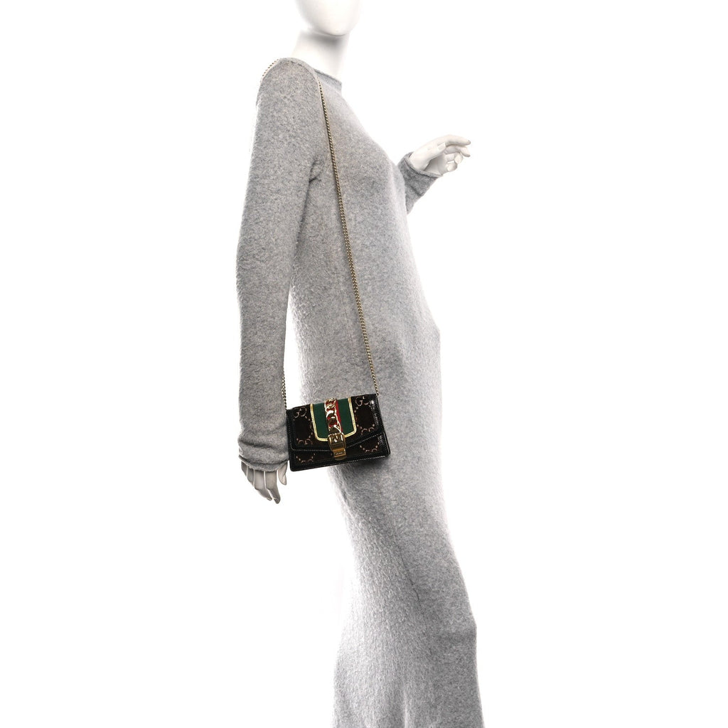 Gucci Velvet GG Monogram Web Super Mini Sylvie Chain Shoulder Bag Brown Black Oro Vecchio