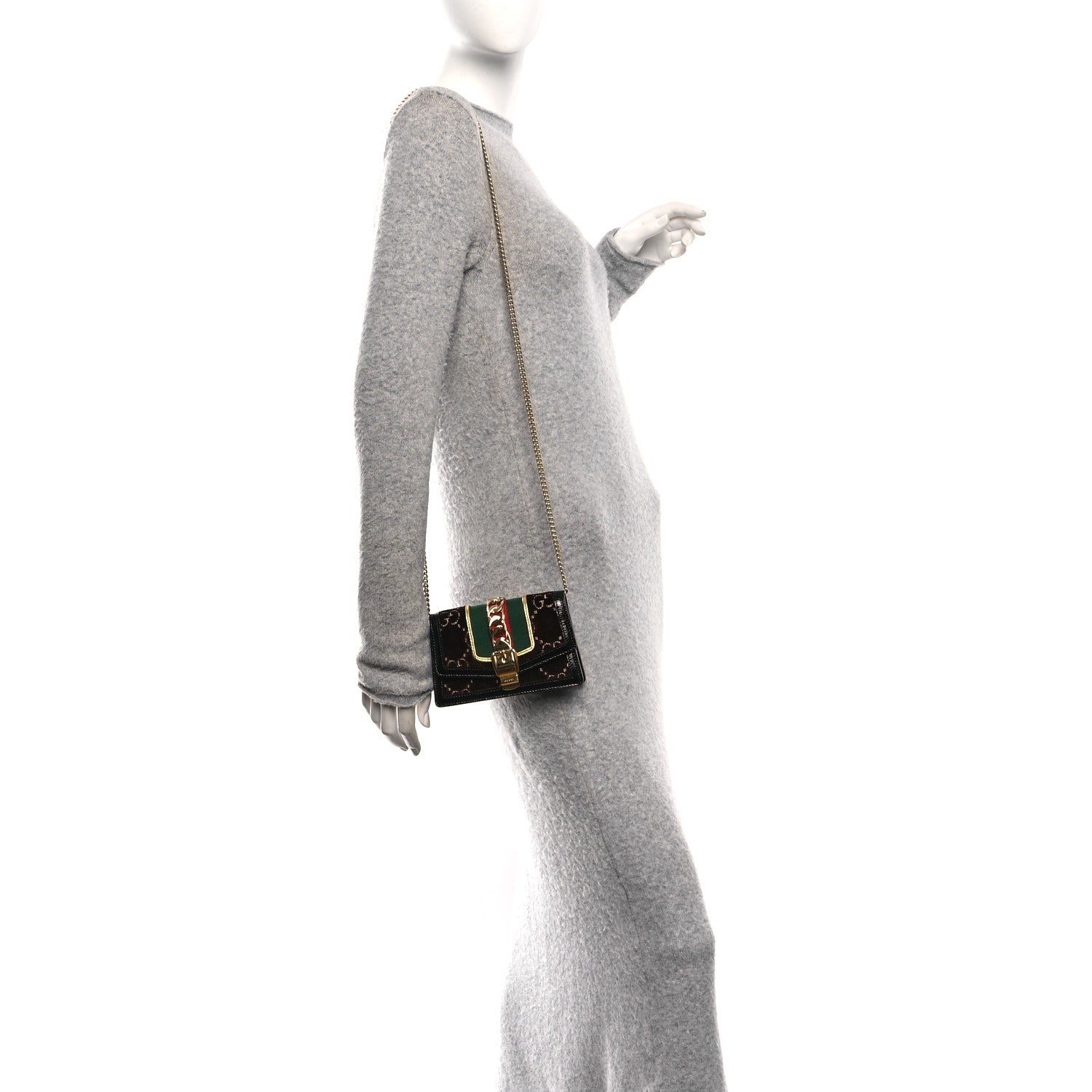 Gucci Velvet GG Monogram Web Super Mini Sylvie Chain Shoulder Bag Brown Black Oro Vecchio