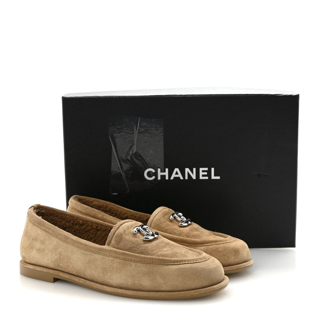Chanel Suede Calfskin CC Loafers 37.5 Dark Beige