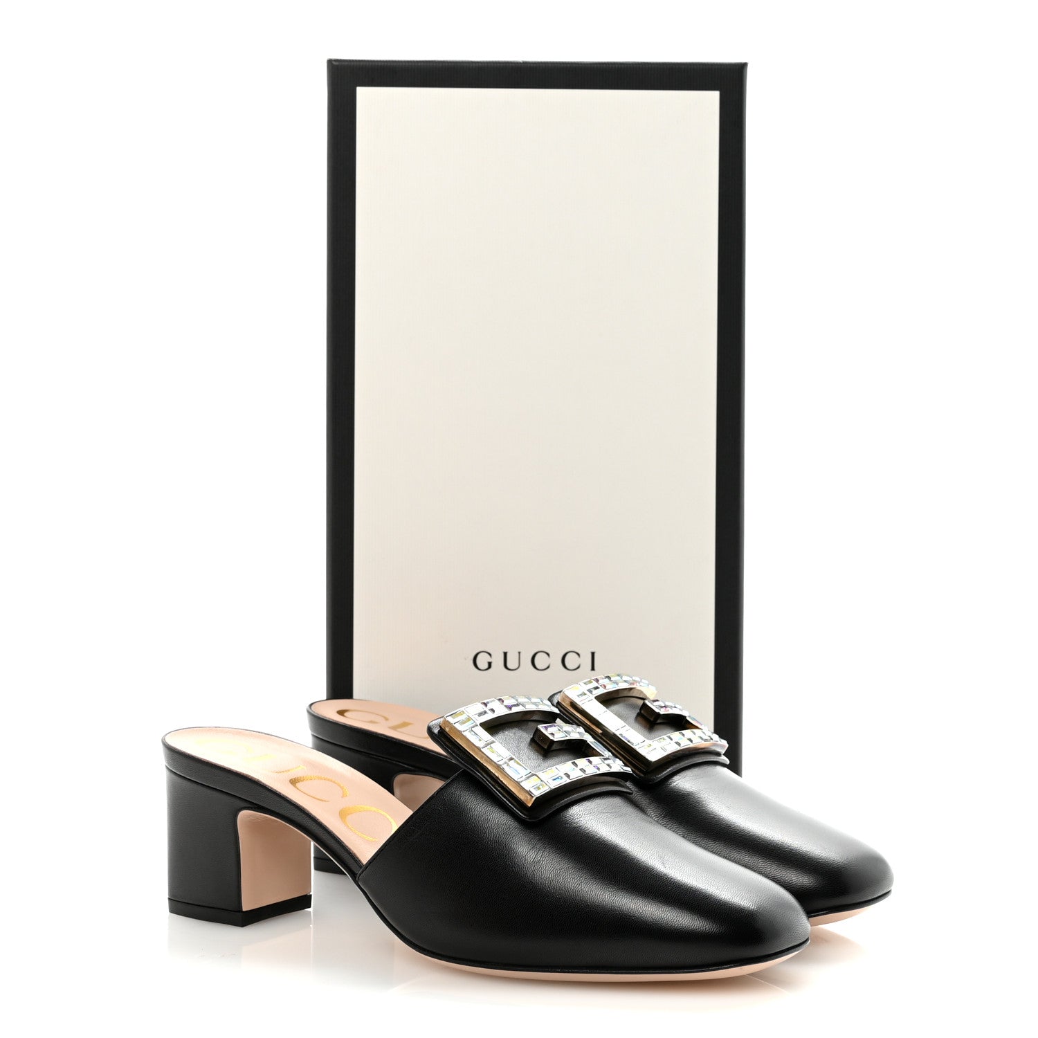 Gucci Malaga Kid Crystal Square G Madelyn 60mm Mules 37.5 Black