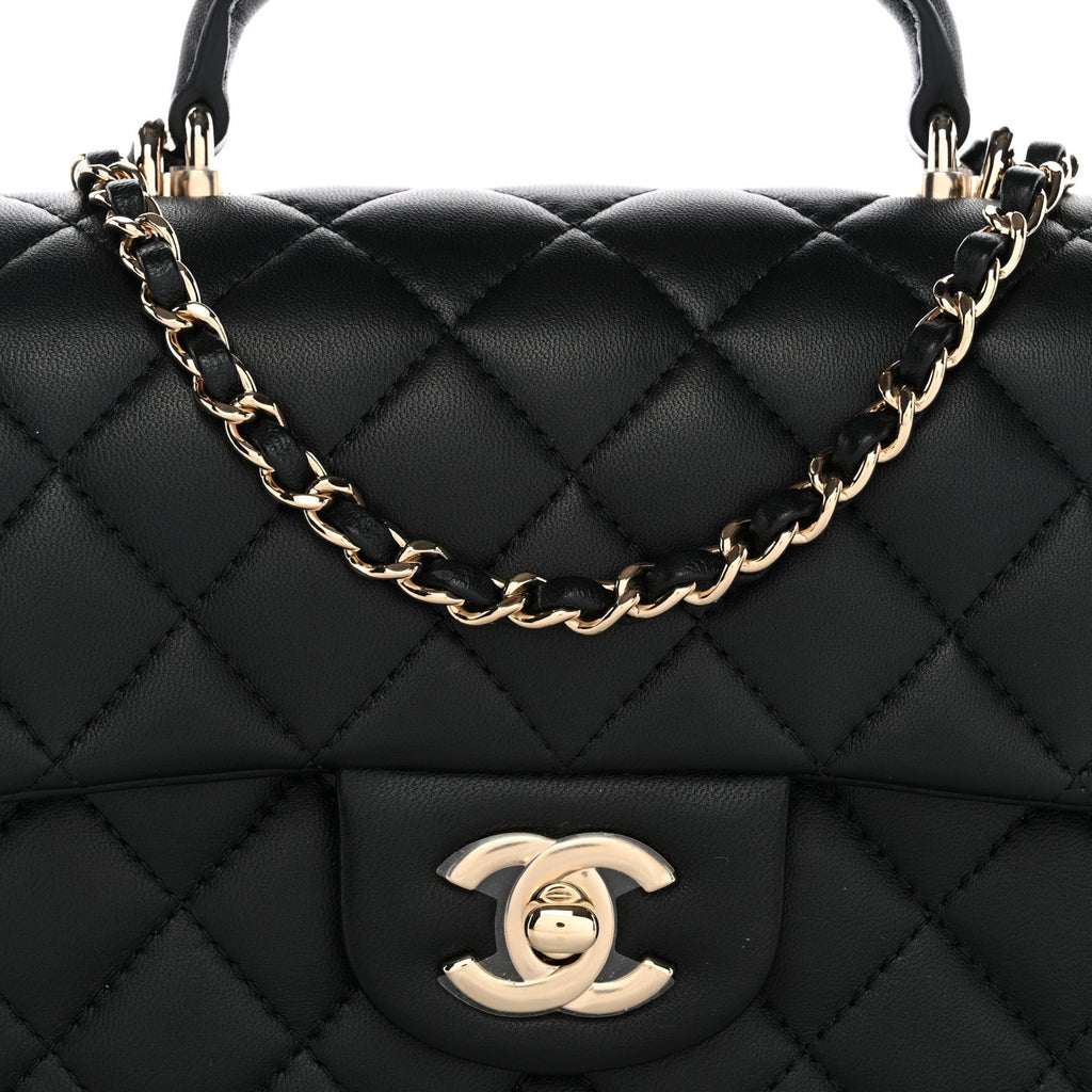 Chanel Lambskin Quilted Mini Top Handle Rectangular Flap Black