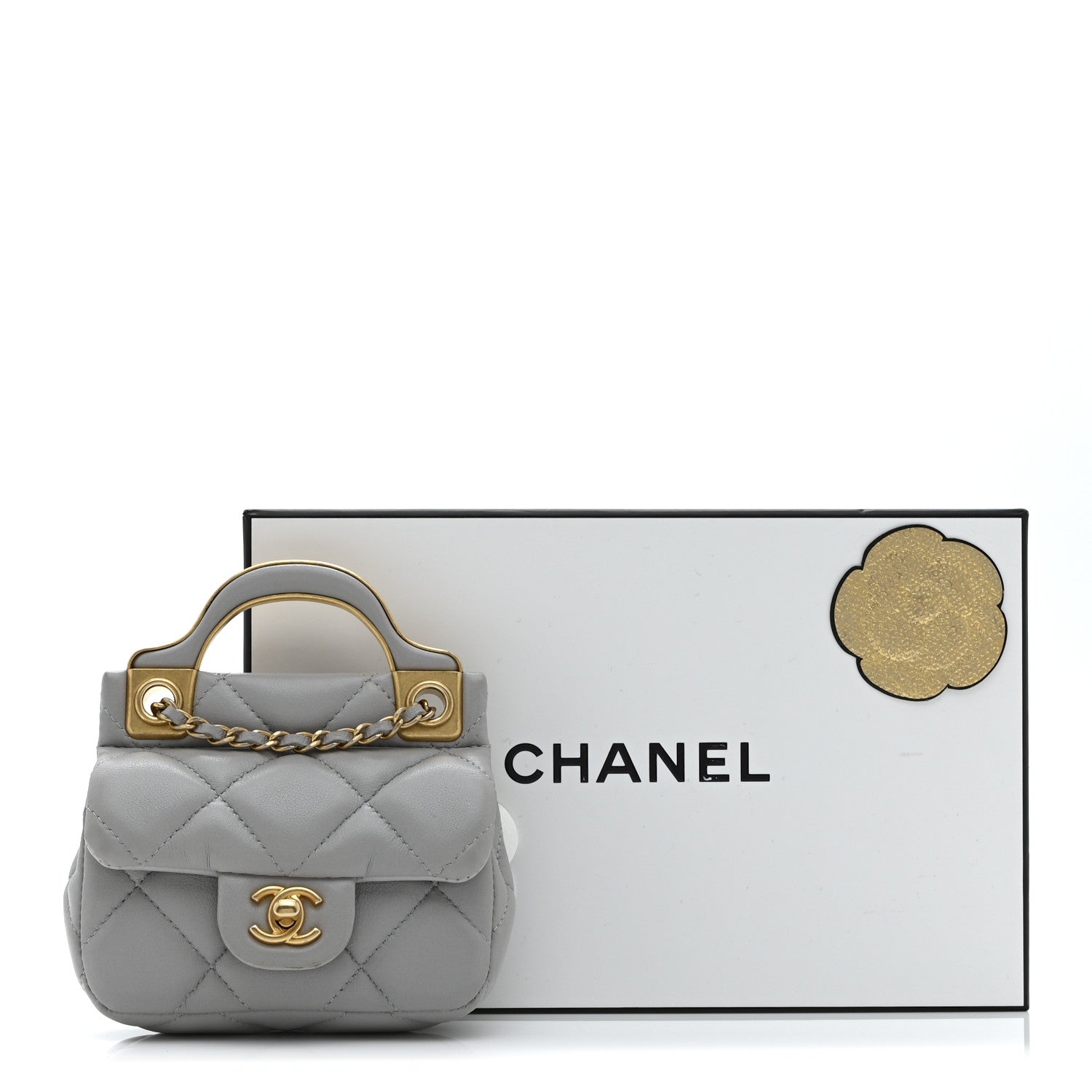 Chanel Calfskin Quilted Lady Handle Flap Card Holder With Chain Grey