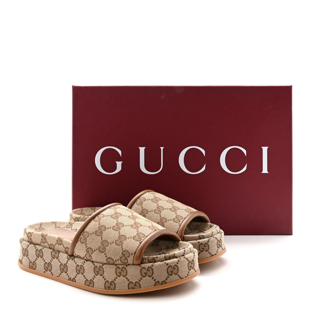 Gucci Original GG Canvas Monogram Womens GG Platform Sandals 37 Beige Dark Brown
