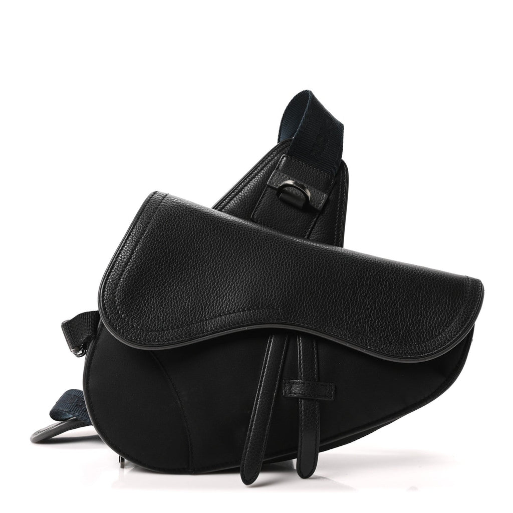 Christian Dior X Sacai Grained Calfskin Technical Fabric Mens Saddle Bag Black