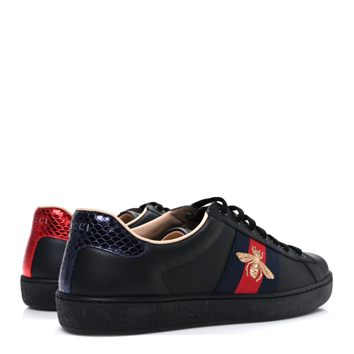 Gucci Miro Soft Calfskin Laminated Ayers Web Bee Embroidered Mens Ace Sneakers 6 Black Red Flame Night