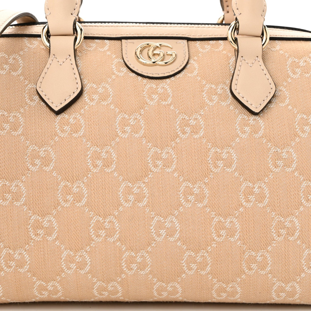 Gucci Summer Denim Calfskin GG Monogram Small Ophidia Top Handle Bag Souffle Rose