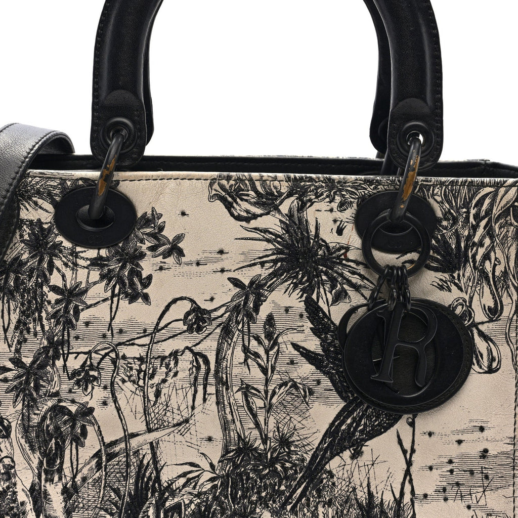 Christian Dior Calfskin Toile de Jouy Carnivora Medium Lady Dior White Black