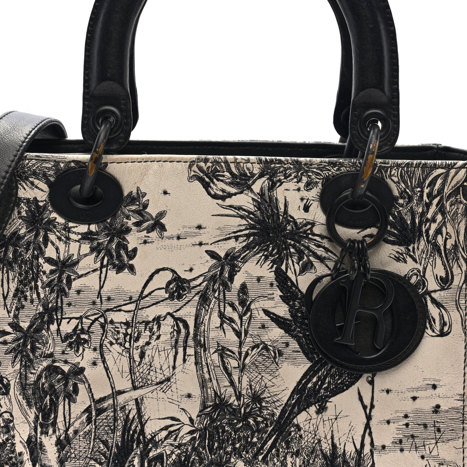 Christian Dior Calfskin Toile de Jouy Carnivora Medium Lady Dior White Black