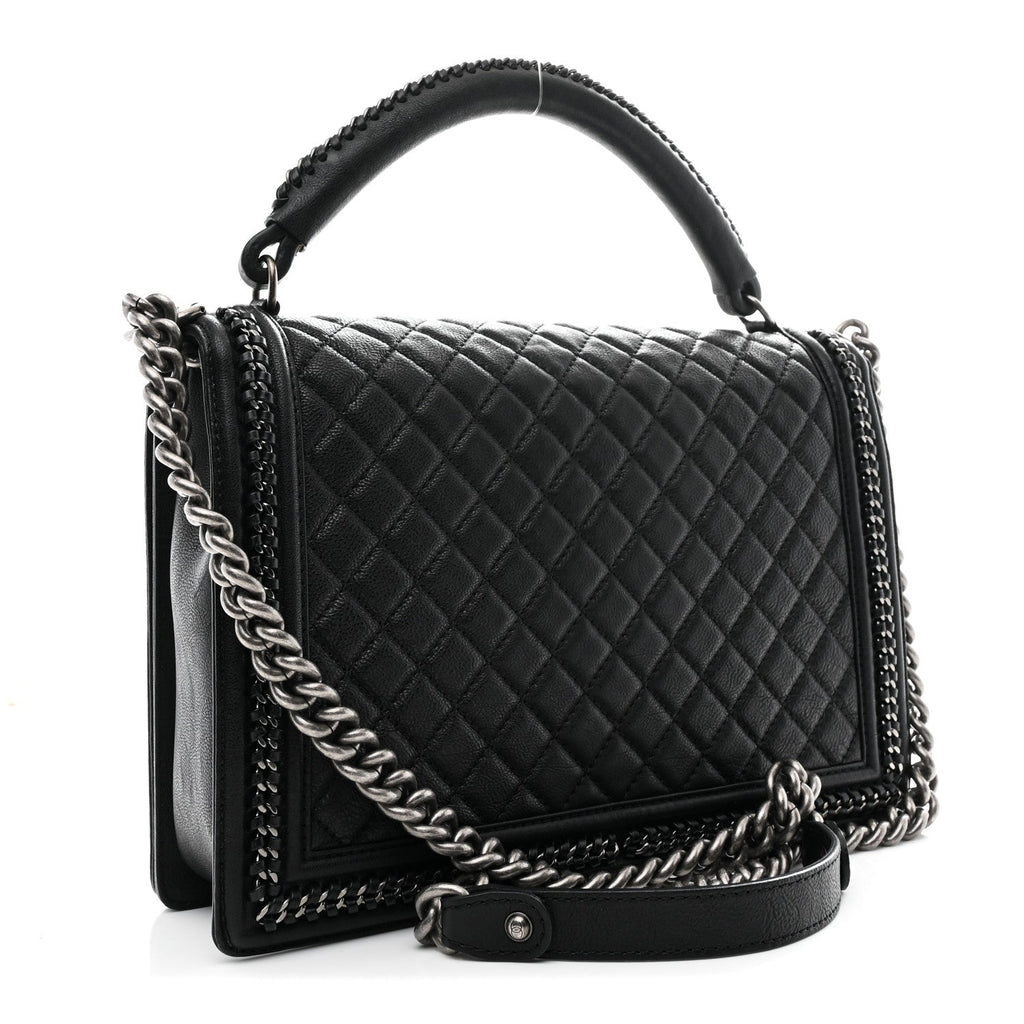 Calfskin Quilted Large Boy Top Handle Flap Black