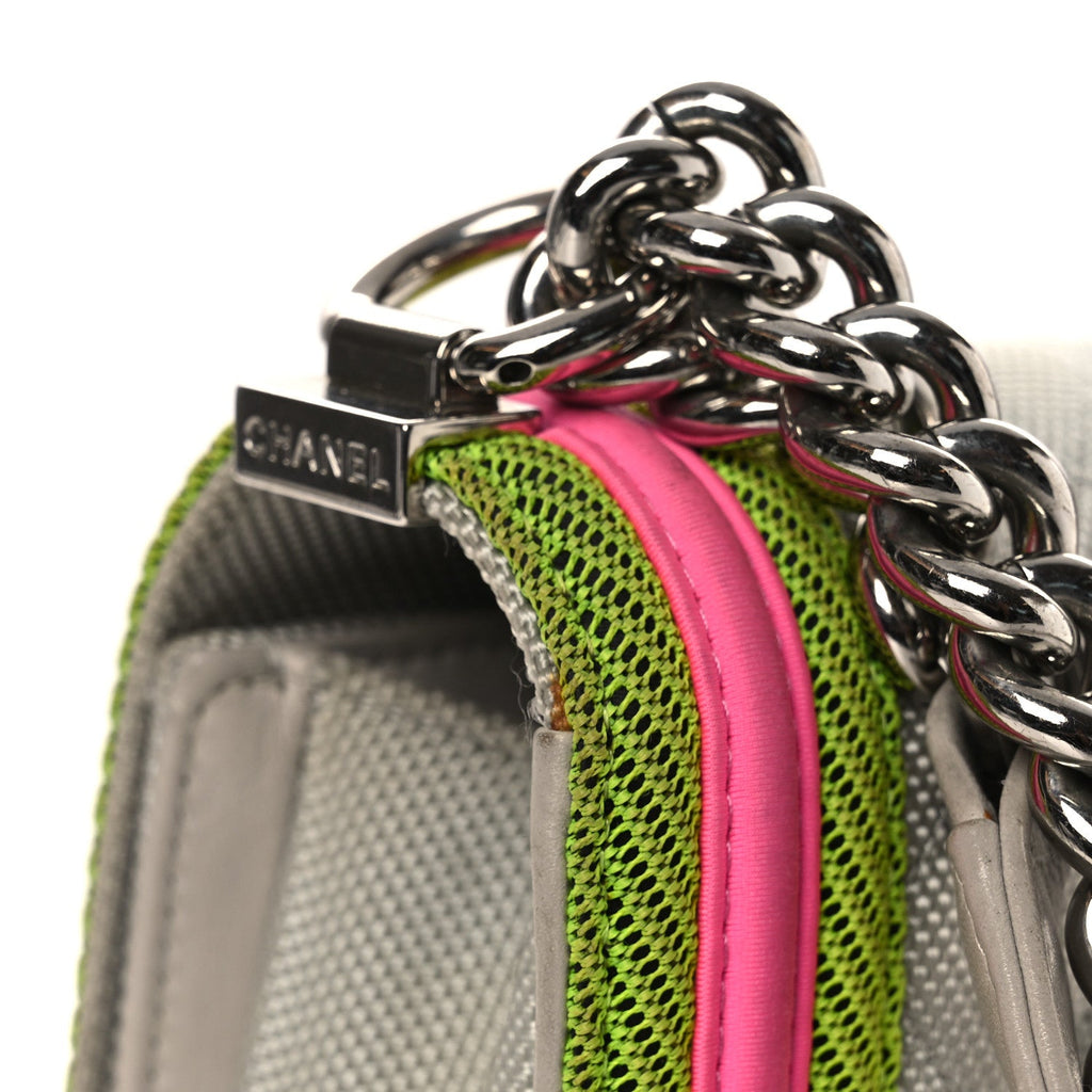 Chanel Canvas Quilted Medium Fluo Boy Flap Dark Grey Fuchsia Green