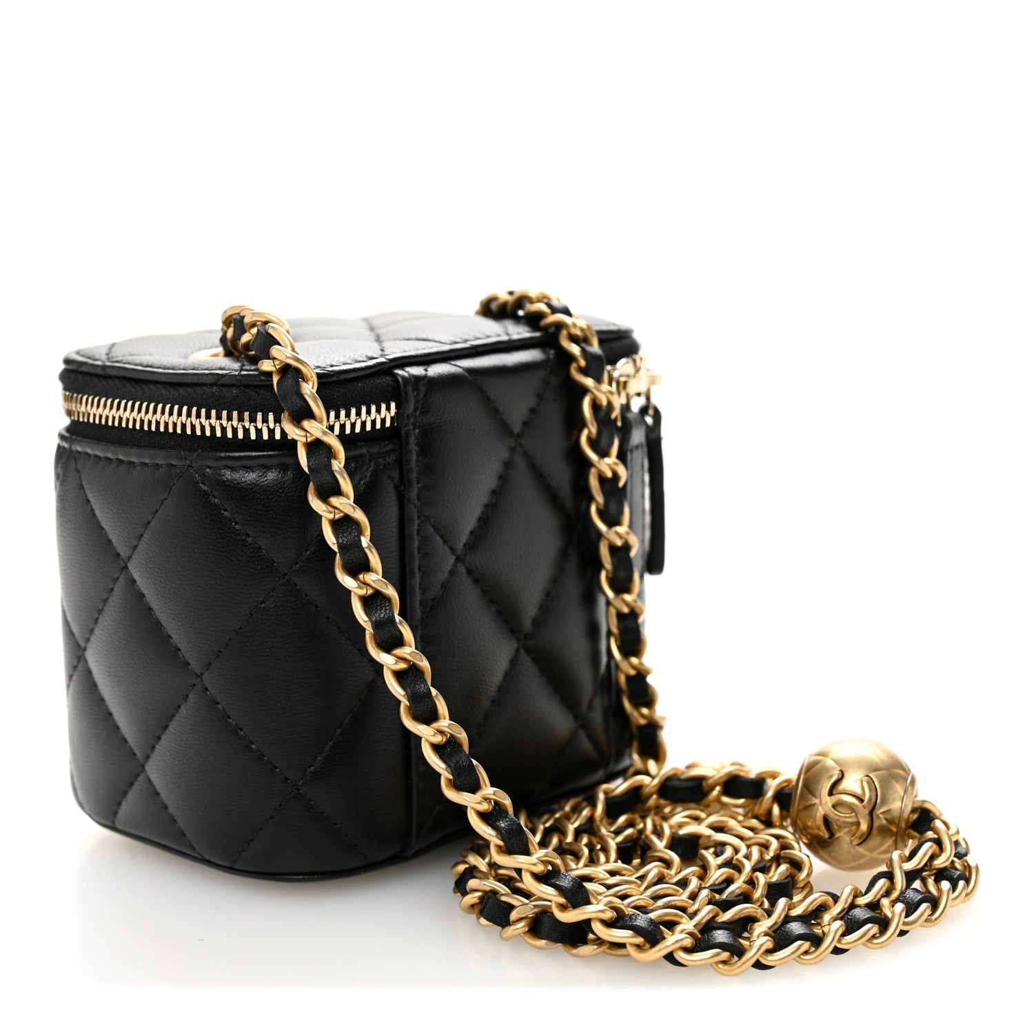 Chanel Lambskin Quilted Mini Pearl Crush Vanity Case With Chain Black