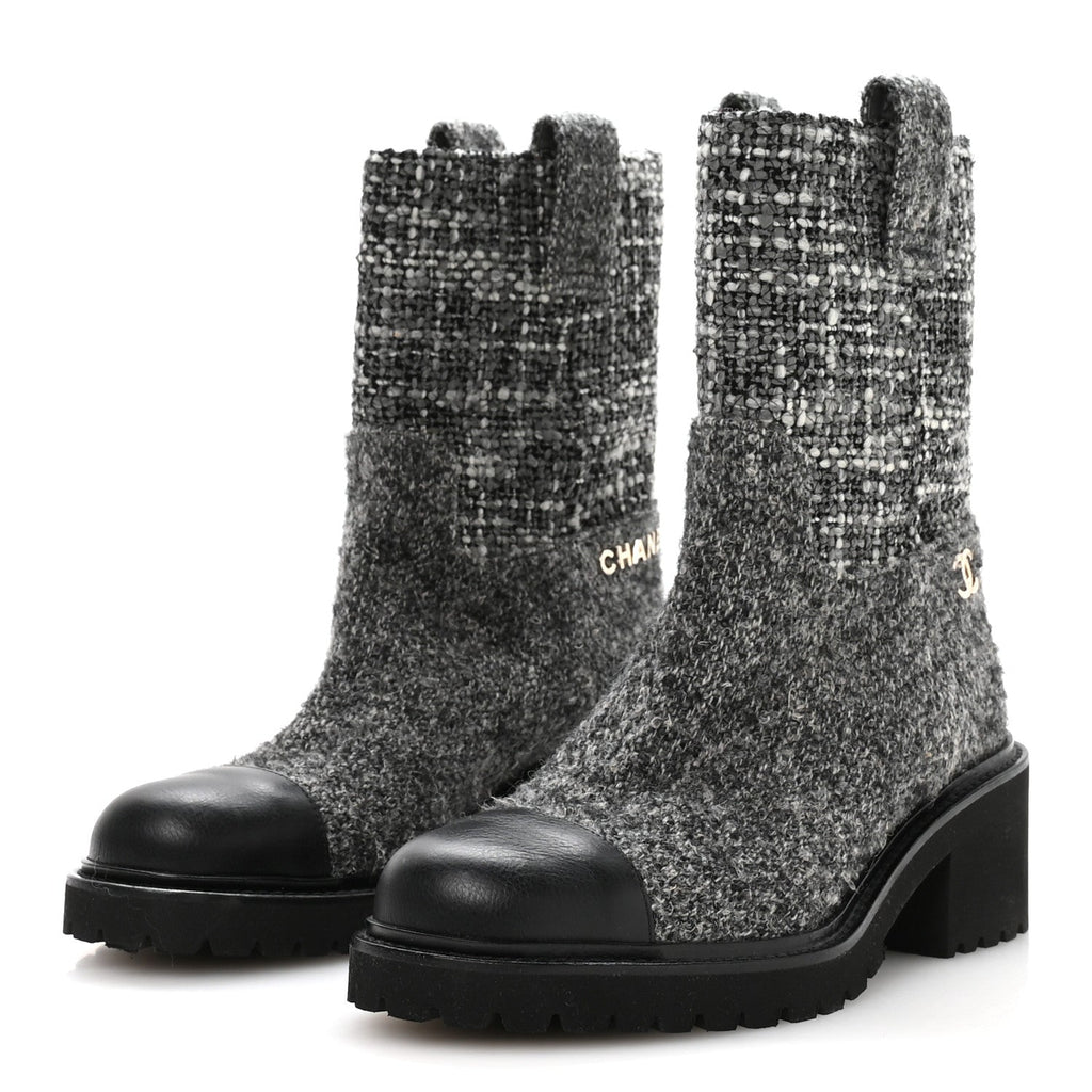 Chanel Wool Tweed CC Cap Toe Ankle Boots 38.5 Black Grey