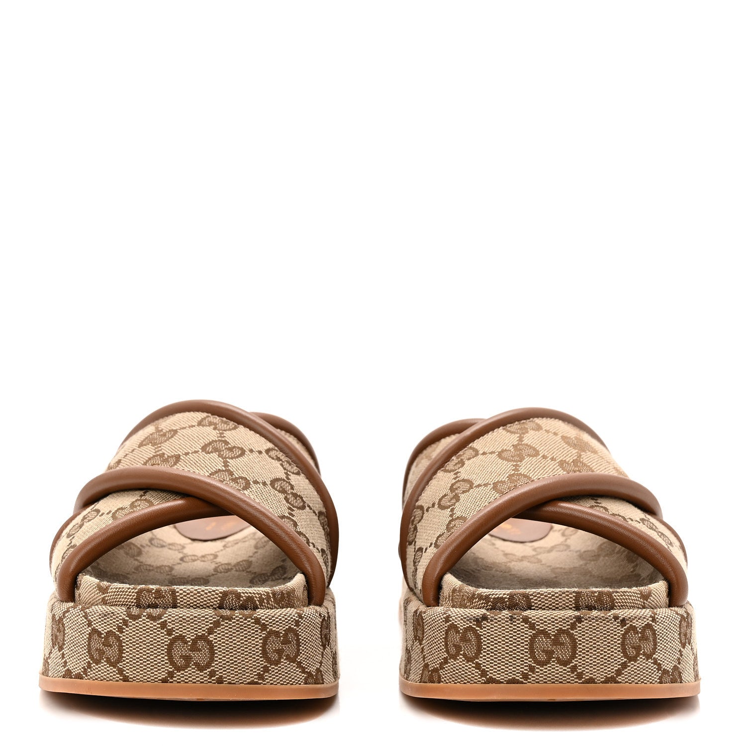Gucci Monogram GG Calfskin Angelina Platform 55mm Slide Sandals 35 Camel Ebony