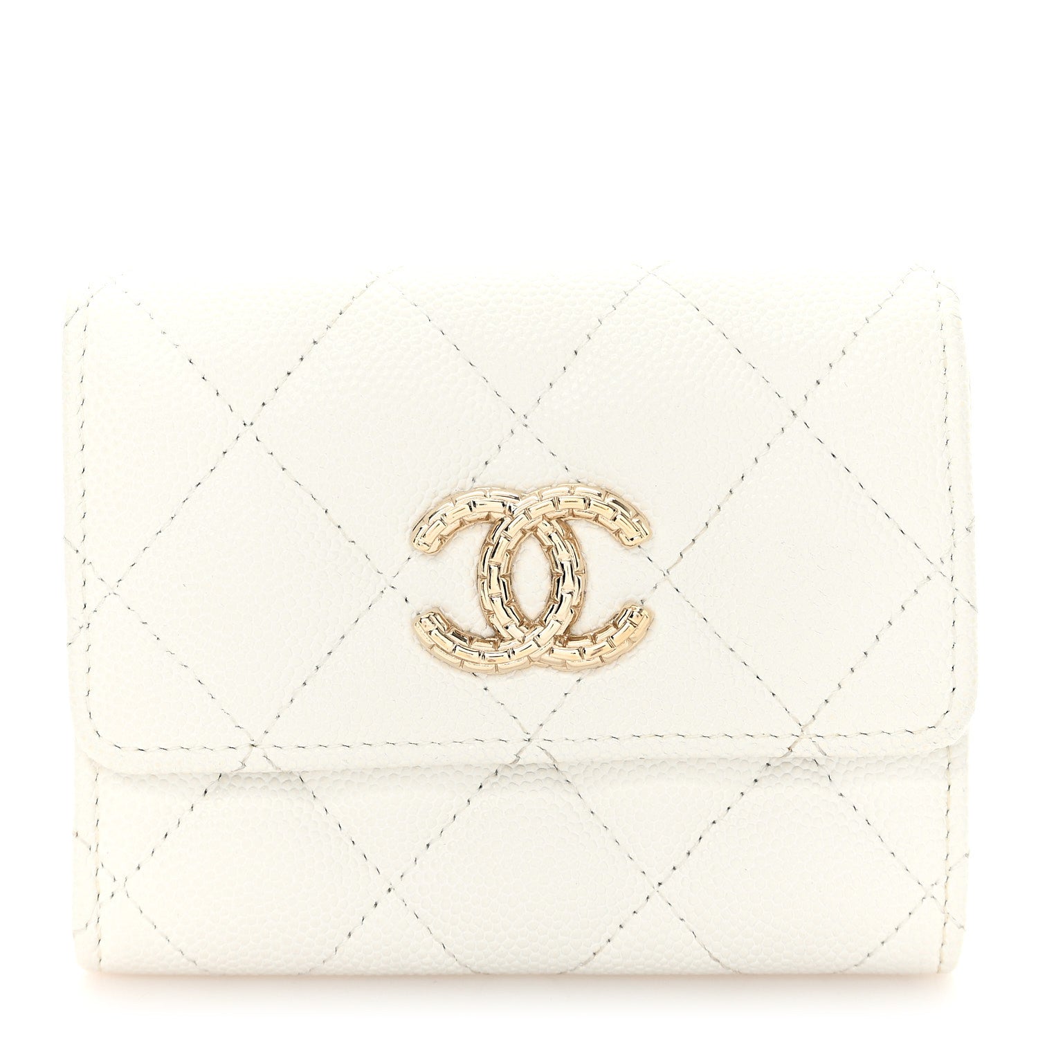 Caviar Quilted Chain CC Quilted Compact Flap Card Holder White